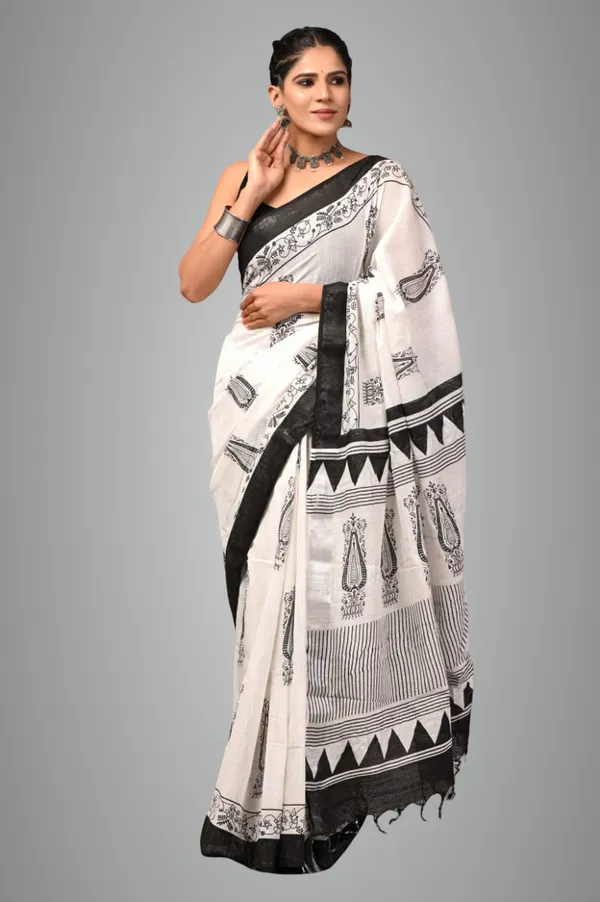 White_Trendy_Linen_Saree_For_Women