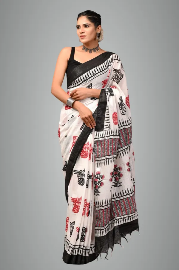 White_Trendy_Linen_Saree_For_Women