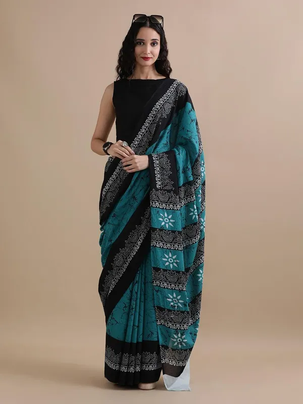 Teal_Blue_Soft_Mulmul_Cotton_Saree_For_Women