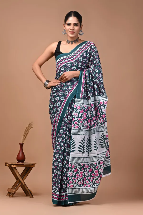 Teal_Green_Soft_Mulmul_Cotton_Saree_For_Women
