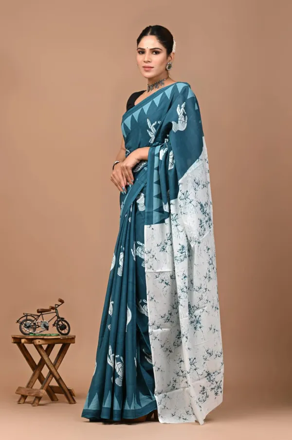 Teal_Blue_Mulmul_Cotton_Saree