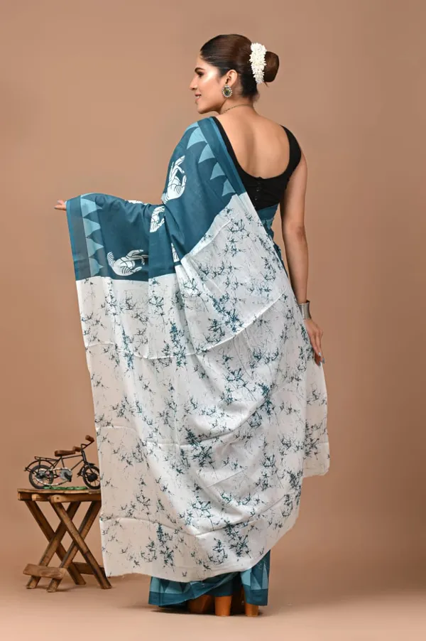 Teal_Blue_Mulmul_Cotton_Saree