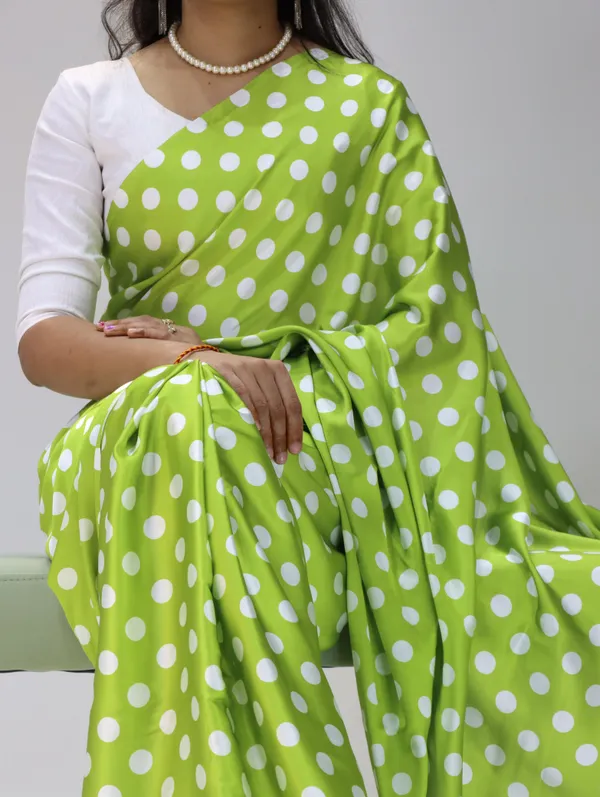 Parrot_Green_with_White_Polka_Dots_|_Japan_Satin_Saree_With_Contrast_Plain_Blouse_-_Soft_Silky_Premium_Party_Wear_Saree