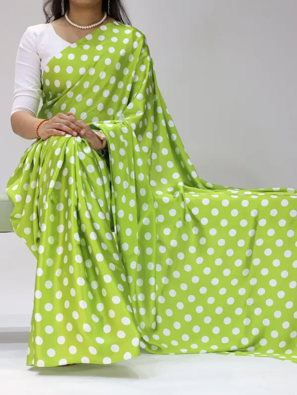 Parrot_Green_with_White_Polka_Dots_|_Japan_Satin_Saree_With_Contrast_Plain_Blouse_-_Soft_Silky_Premium_Party_Wear_Saree