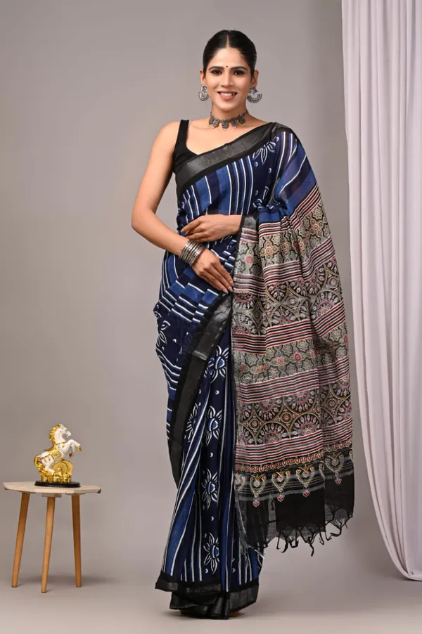 Blue_&_Black_Trendy_Linen_Saree_For_Women