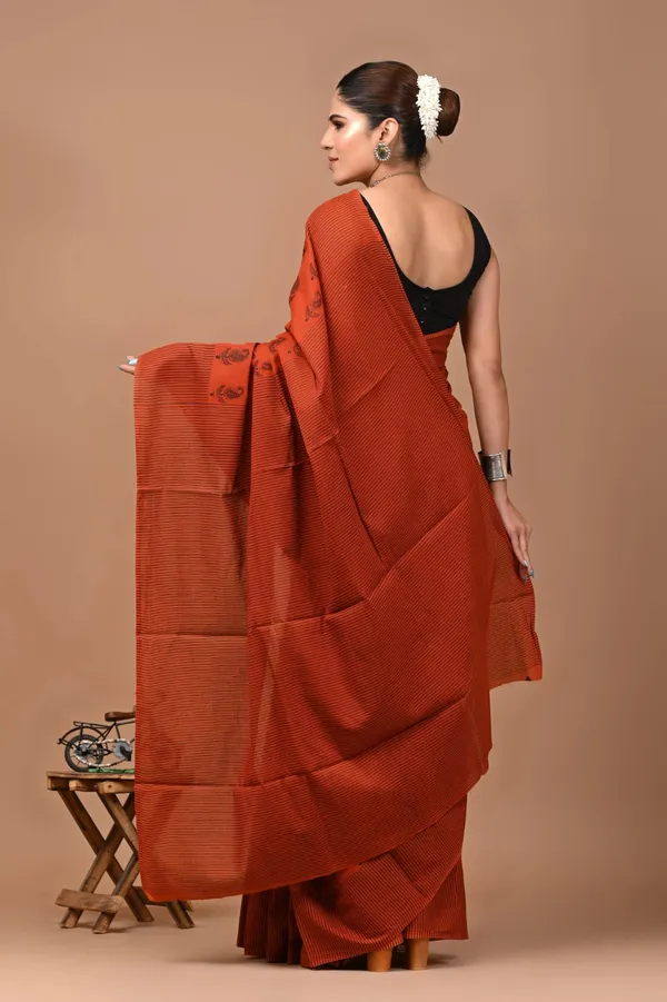 Rust_Orange_Soft_Mulmul_Cotton_Saree