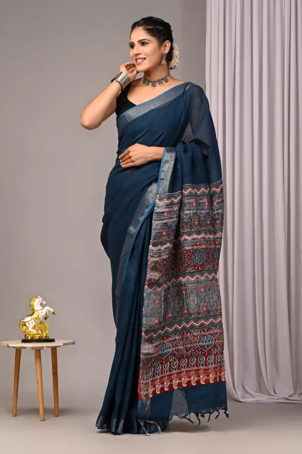 Blue_Trendy_Linen_Saree_For_Women