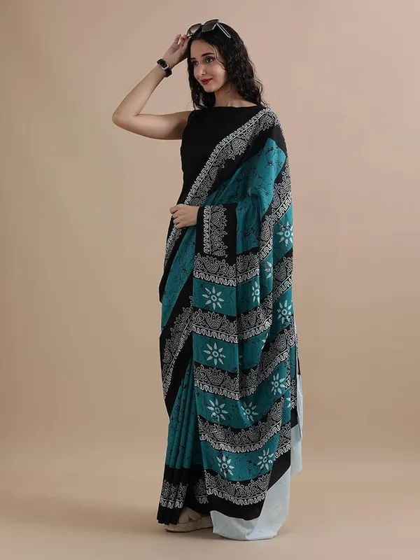 Teal_Blue_Soft_Mulmul_Cotton_Saree_For_Women