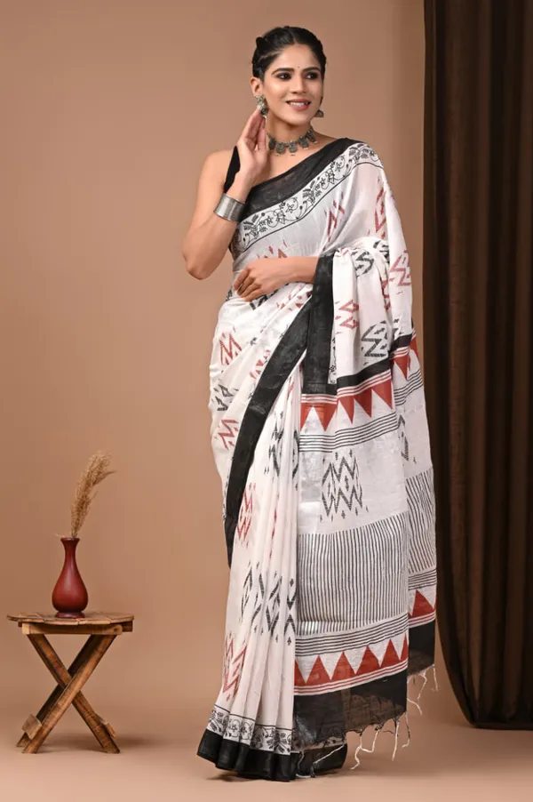 White_Trendy_Linen_Saree_For_Women