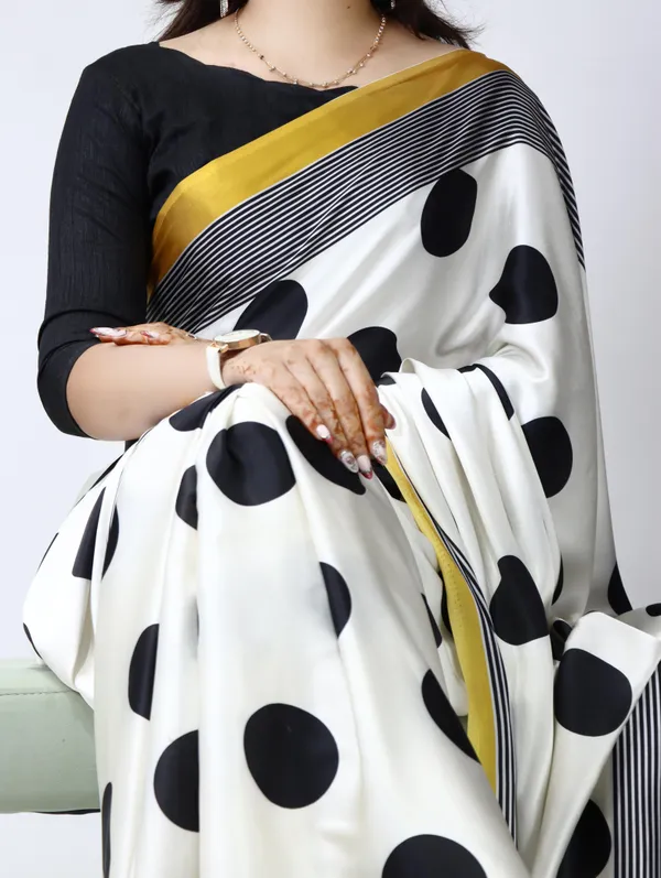 Sunshine_Yellow_Pearl_White_-_The_Dot_Affair_|_Japan_Satin_Polka_Dot_Striped_Print_Saree_with_Mono_Bangalore_Silk_Unstitched_Blouse