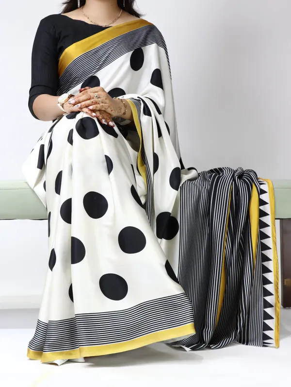 Sunshine_Yellow_Pearl_White_-_The_Dot_Affair_|_Japan_Satin_Polka_Dot_Striped_Print_Saree_with_Mono_Bangalore_Silk_Unstitched_Blouse