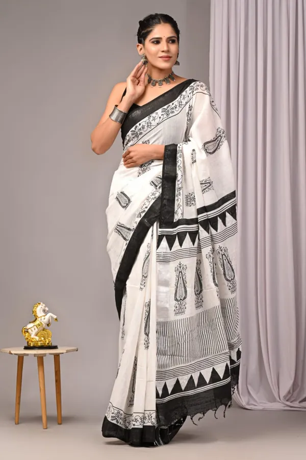 White_Trendy_Linen_Saree_For_Women