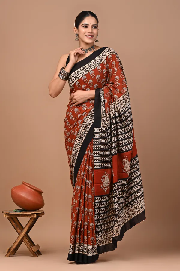 Rust_Brown_Soft_Mulmul_Cotton_Saree