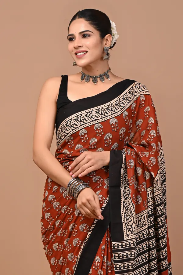 Rust_Brown_Soft_Mulmul_Cotton_Saree