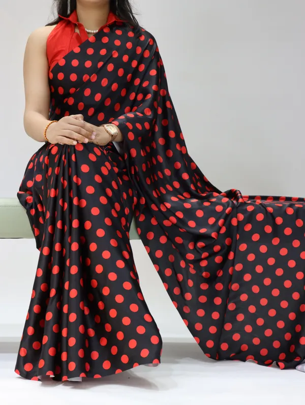 Black_with_Red_Polka_Dots_|_Japan_Satin_Saree_With_Contrast_Plain_Blouse_-_Soft_Silky_Premium_Party_Wear_Saree