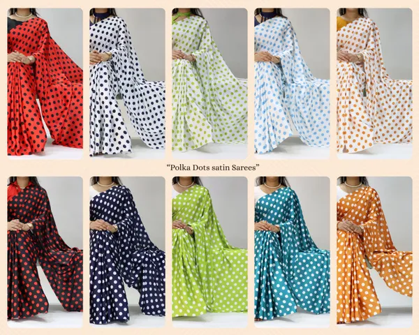 White_with_Mustard_Orange_Polka_Dots_|_Japan_Satin_Saree_With_Contrast_Plain_Blouse_-_Soft_Silky_Premium_Party_Wear_Saree