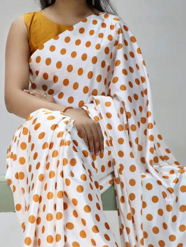White_with_Mustard_Orange_Polka_Dots_|_Japan_Satin_Saree_With_Contrast_Plain_Blouse_-_Soft_Silky_Premium_Party_Wear_Saree