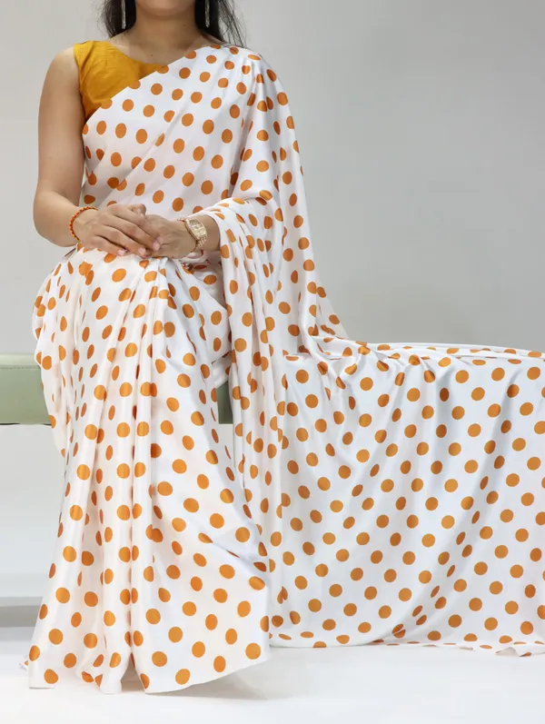 White_with_Mustard_Orange_Polka_Dots_|_Japan_Satin_Saree_With_Contrast_Plain_Blouse_-_Soft_Silky_Premium_Party_Wear_Saree