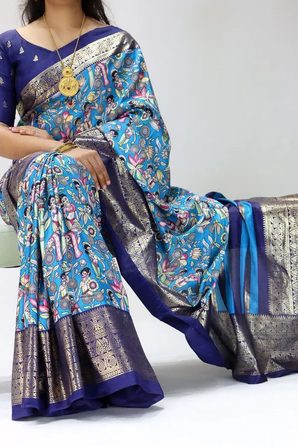 Royal_Blue_-_The_Kalamkari_Royale_|_Soft_Dola_Silk_Kalamkari_Printed_Foil_Work_Saree_with_Contrast_Unstitched_Blouse