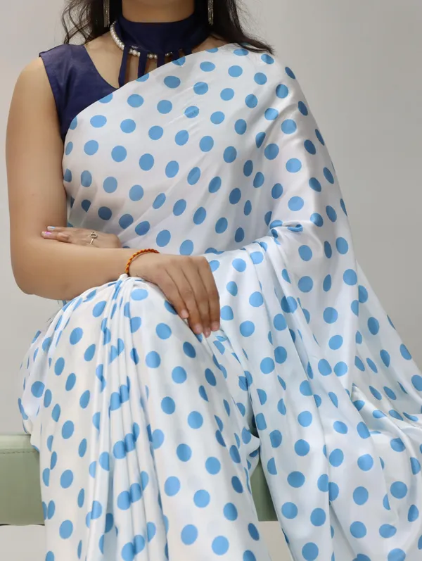 White_with_Sky_Blue_Polka_Dots_|_Japan_Satin_Saree_With_Contrast_Plain_Blouse_-_Soft_Silky_Premium_Party_Wear_Saree
