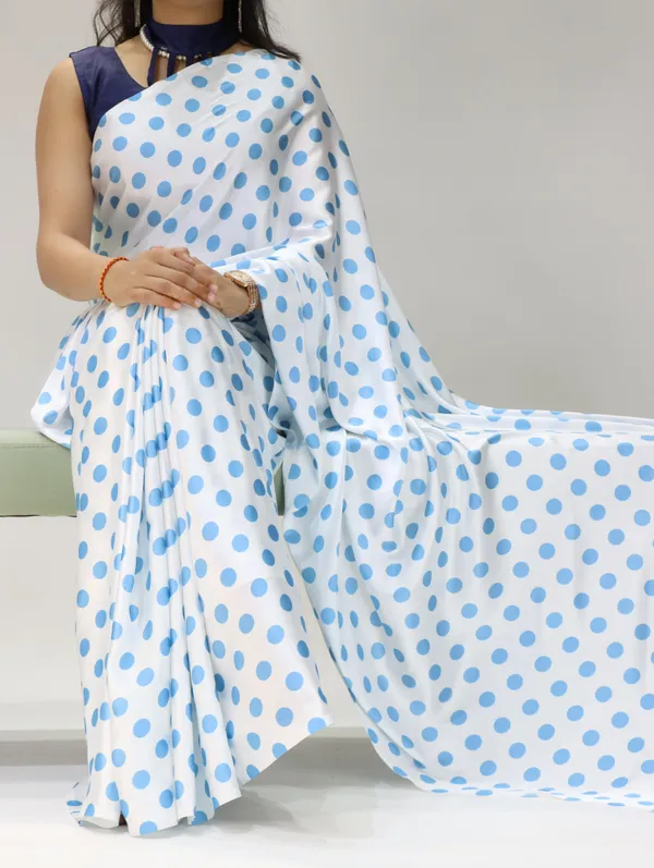 White_with_Sky_Blue_Polka_Dots_|_Japan_Satin_Saree_With_Contrast_Plain_Blouse_-_Soft_Silky_Premium_Party_Wear_Saree