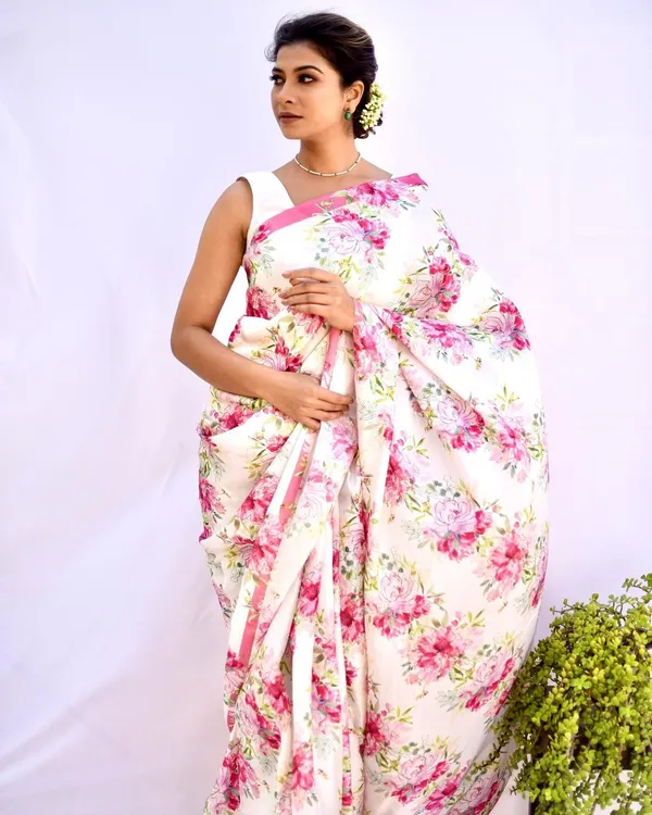 Bright_Hot_Pink_Ivory_White_-_The_Garden_Luxe_|_Heavy_Japan_Satin_Floral_Printed_Saree_with_Mono_Bangalore_Silk_Unstitched_Blouse