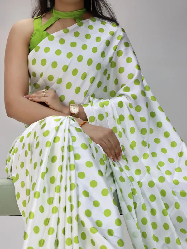 White_with_Lime_Green_Polka_Dots_|_Japan_Satin_Saree_With_Contrast_Plain_Blouse_-_Soft_Silky_Premium_Party_Wear_Saree