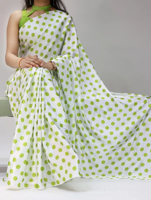 White_with_Lime_Green_Polka_Dots_|_Japan_Satin_Saree_With_Contrast_Plain_Blouse_-_Soft_Silky_Premium_Party_Wear_Saree