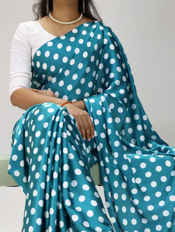 Peacock_Blue_with_White_Polka_Dots_|_Japan_Satin_Saree_With_Contrast_Plain_Blouse_-_Soft_Silky_Premium_Party_Wear_Saree