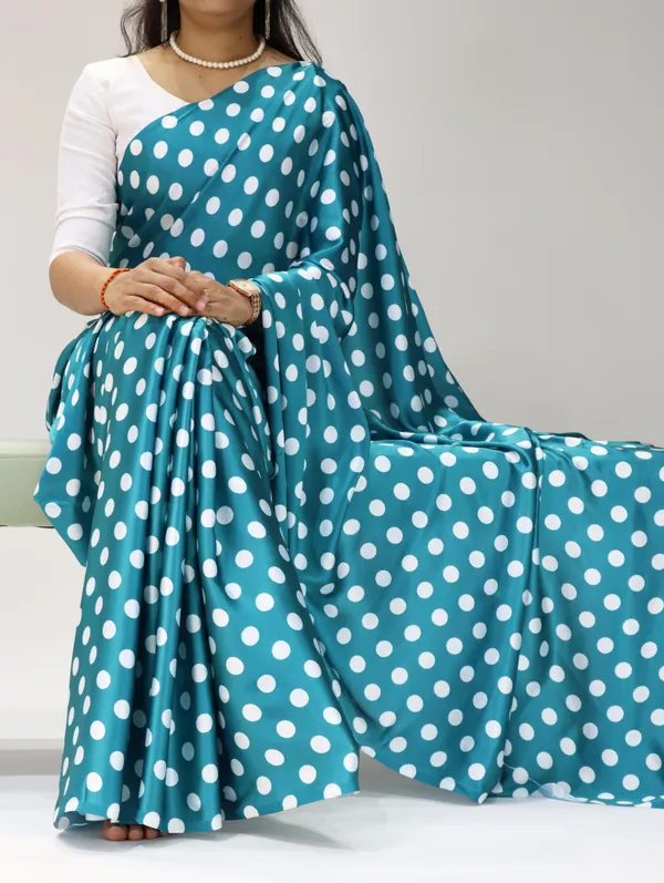 Peacock_Blue_with_White_Polka_Dots_|_Japan_Satin_Saree_With_Contrast_Plain_Blouse_-_Soft_Silky_Premium_Party_Wear_Saree