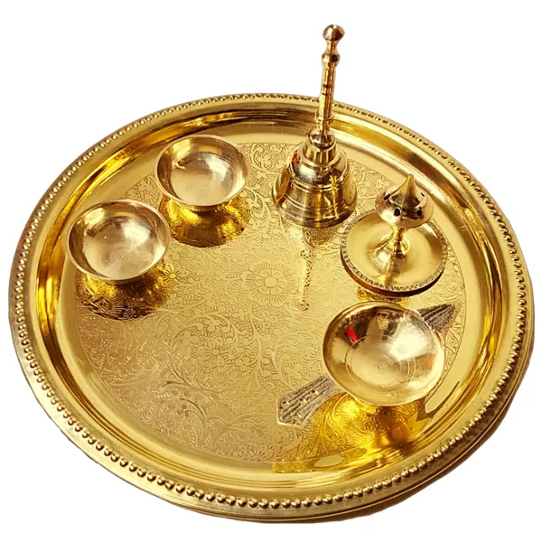 Golden_Traditional_Brass_Puja_Plate_With_Flower_Embossed_Design