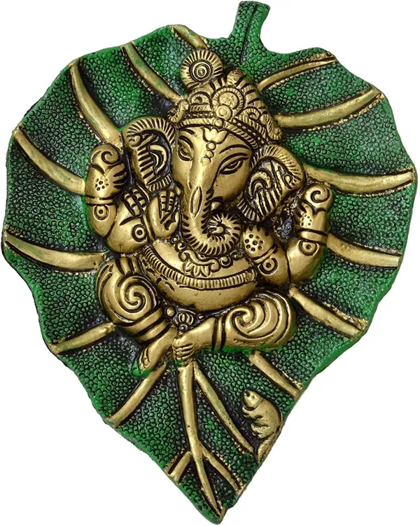 Green_Lord_Ganesha_On_Leaf_Wall_Hanging_With_Antique_Finish_For_Home_Decor