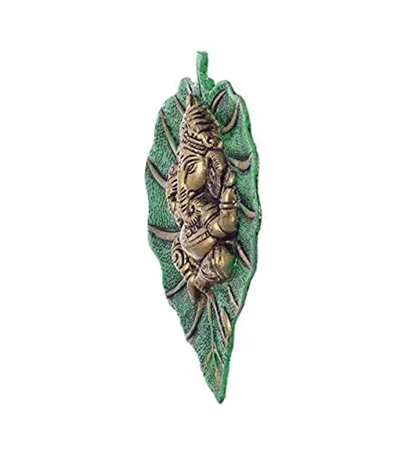 Green_Lord_Ganesha_On_Leaf_Wall_Hanging_With_Antique_Finish_For_Home_Decor