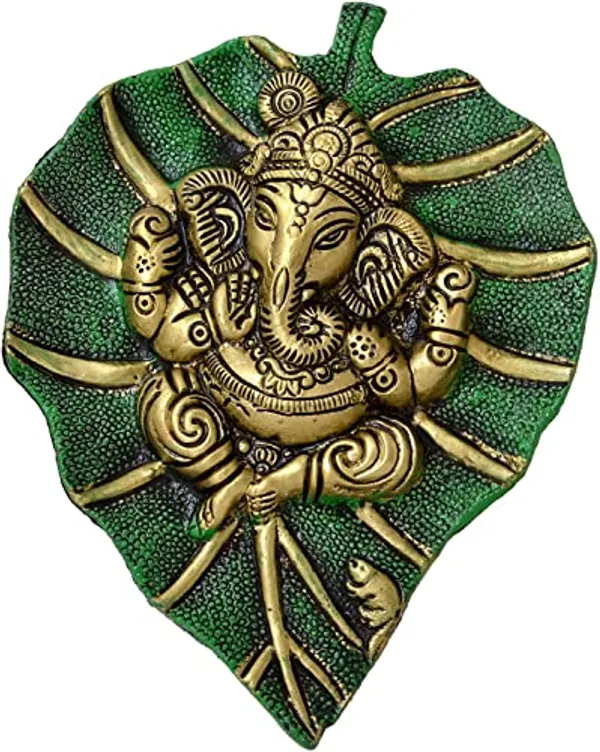 Green_Lord_Ganesha_On_Leaf_Wall_Hanging_With_Antique_Finish_For_Home_Decor
