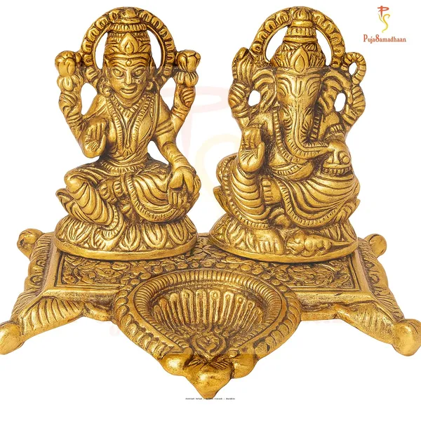 Golden_Metal_Laxmi_Ganesh_Idol_Pair_With_Diya_For_Diwal_Puja