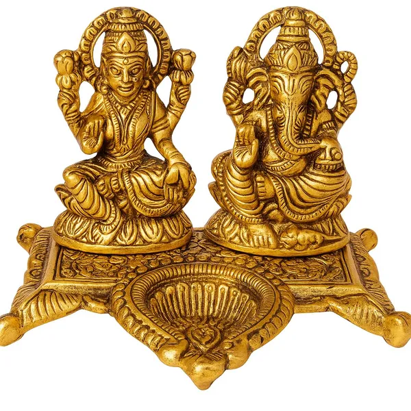 Golden_Metal_Laxmi_Ganesh_Idol_Pair_With_Diya_For_Diwal_Puja