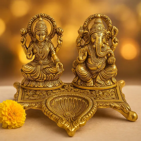 Golden_Metal_Laxmi_Ganesh_Idol_Pair_With_Diya_For_Diwal_Puja