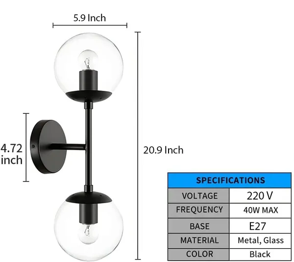 Black_Wall_Light_With_For_Bedroom,_Living_Room_And_Home_Decoration_With_Clear_Glass_Globe_Shade_(Without_Bulb)