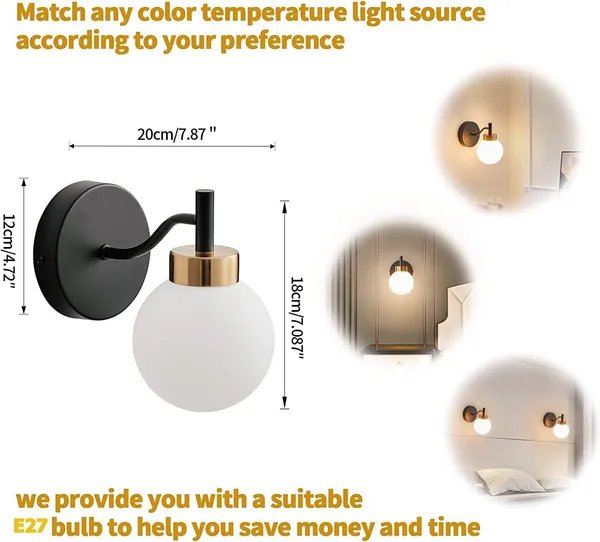 Black_&_White_Metal_Wall_Light_For_Living_Room_Modern/Wall_Lamps_For_Bedroom/For_Living_Room/Wall_Lights_For_Home_Decoration/Bedside_Wall_Lamp/Wall_Lamp_Light_(Dome_Glass_(&_),_Without_Bulb)