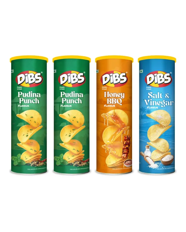 Dibs_Potato_Chips_-_Combo_of_4_(Pudina_Punch_x_2,_Salt_&_Vinegar_x_1,_Honey_BBQ_x_1)_Thin_Crunchy_Crispy_Snack_|_(4_x_102_G)