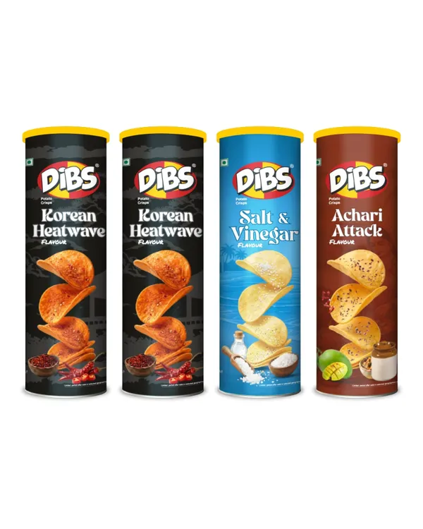 Dibs_Potato_Chips_-_Combo_of_4_(Salt_&_Vinegar_x_1,_Korean_Heatwave_x_2,_Achari_Attack_x_1)_Thin_Crunchy_Crispy_Snack_|_(4_x_102_G)