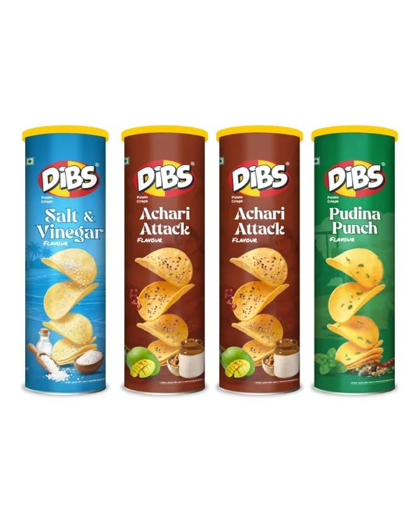 Dibs_Potato_Chips_-_Combo_of_4_(Achari_Attack_x_2,_Salt_&_Vinegar_x_1,_Pudina_Punch_x_1)_Thin_Crunchy_Crispy_Snack_|_(4_x_102_G)