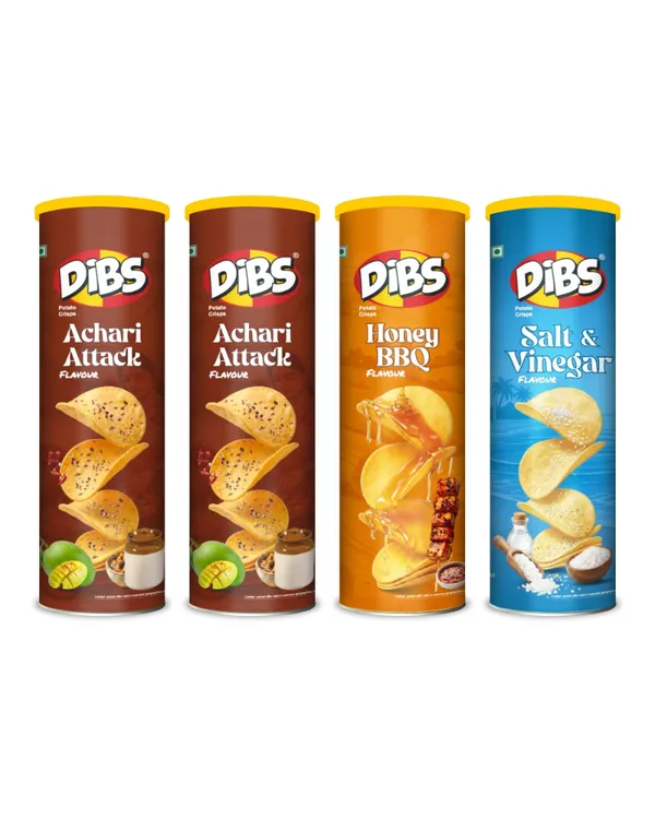 Dibs_Potato_Chips_-_Combo_of_4_(Achari_Attack_x_2,_Honey_BBQ_x_1,_Salt_&_Vinegar_x_1)_Thin_Crunchy_Crispy_Snack_(4_x_102_G)