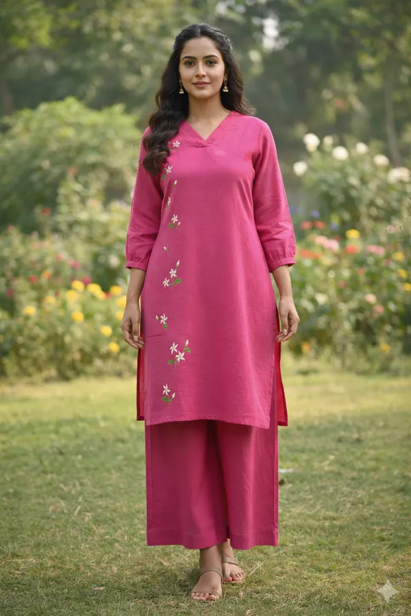 Rose_Pink_Handpainted_Cotton_Kurta_Pant_Set_|_Artisan_Floral_Handcrafted_Co_Ord_For_Women