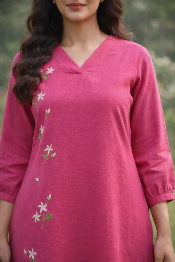 Rose_Pink_Handpainted_Cotton_Kurta_Pant_Set_|_Artisan_Floral_Handcrafted_Co_Ord_For_Women