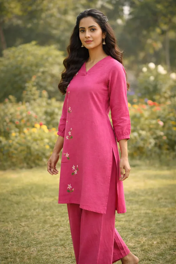 Rose_Pink_Handpainted_Cotton_Kurta_Pant_Set_|_Artisan_Floral_Handcrafted_Co_Ord_For_Women