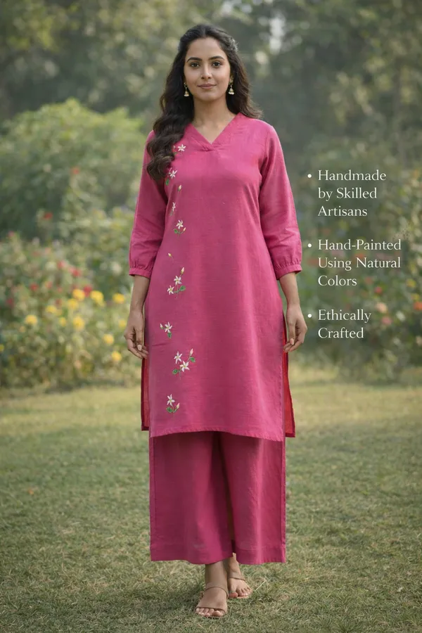 Rose_Pink_Handpainted_Cotton_Kurta_Pant_Set_|_Artisan_Floral_Handcrafted_Co_Ord_For_Women