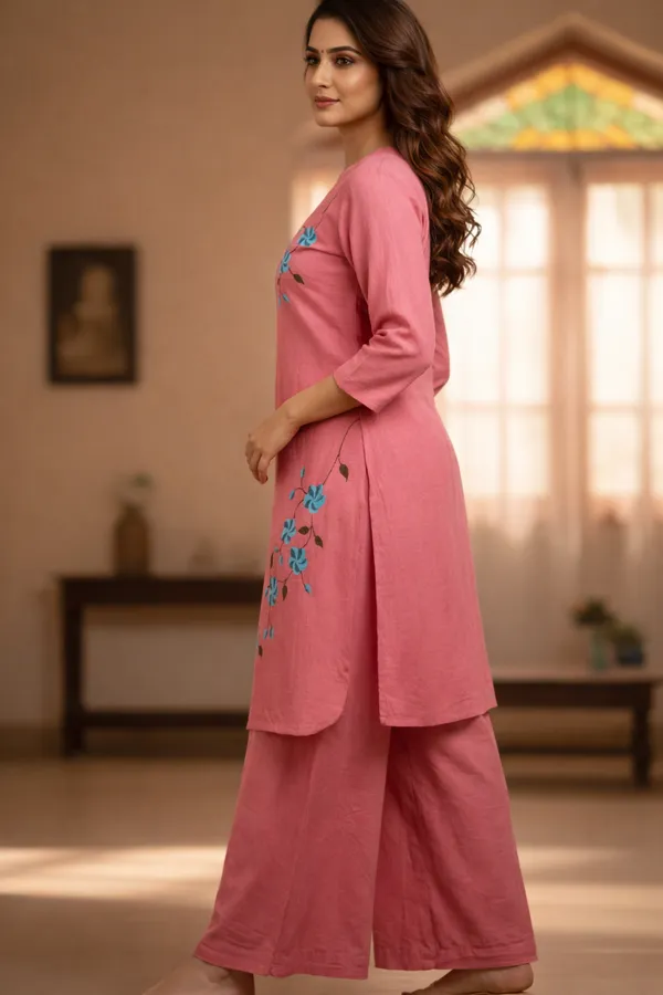 Red_And_Pink_Handpainted_Cotton_Kurta_Pant_Set_|_Artisan_Floral_Handcrafted_Co-Ord_For_Women_Pack_of_2