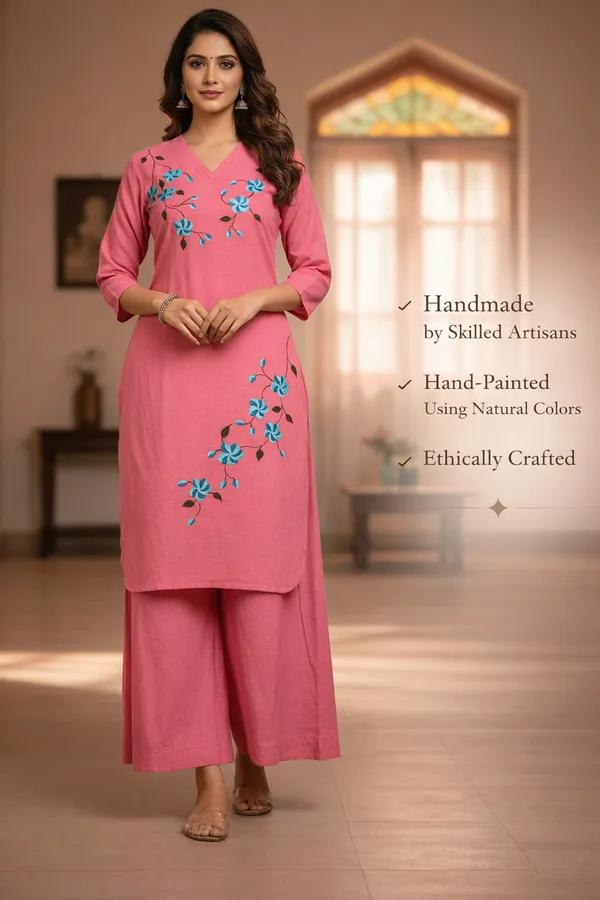 Pink_Handpainted_Cotton_Kurta_Pant_Set_|_Floral_Artisan_Co_Ord_For_Women