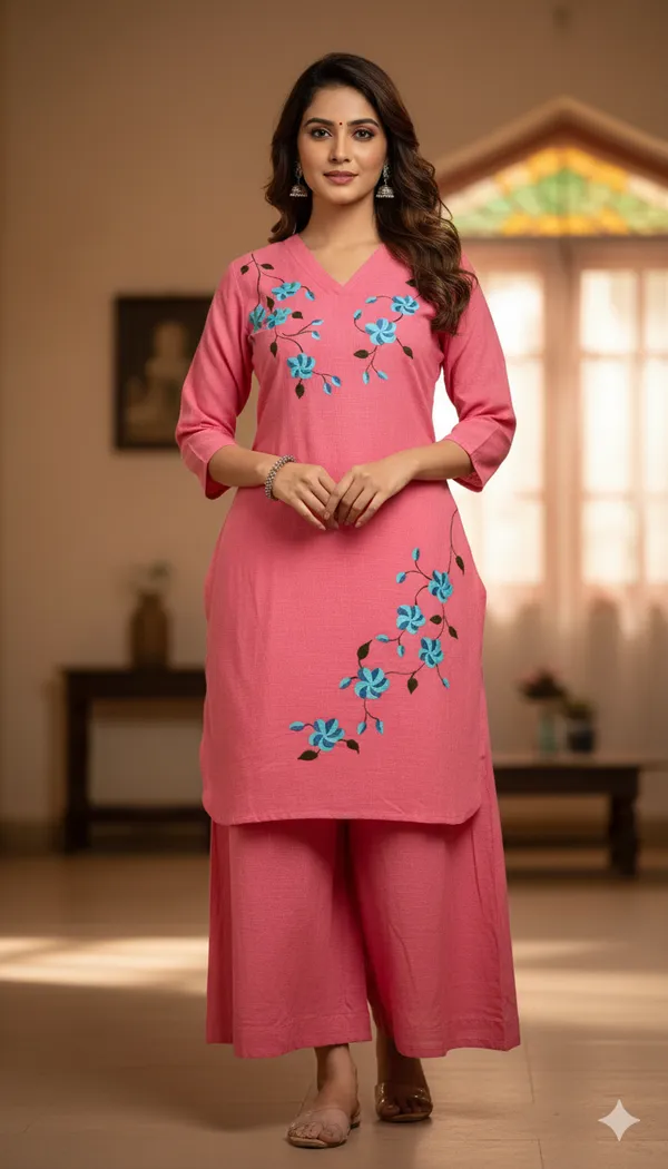 Red_And_Pink_Handpainted_Cotton_Kurta_Pant_Set_|_Artisan_Floral_Handcrafted_Co-Ord_For_Women_Pack_of_2